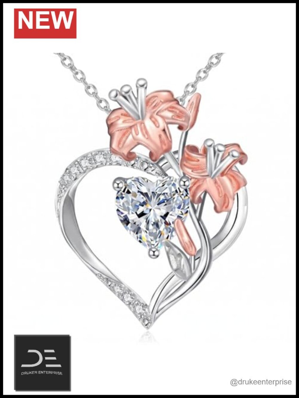 Sterling Silver Moissanite Lily Pendant Necklace 18in Adjustable